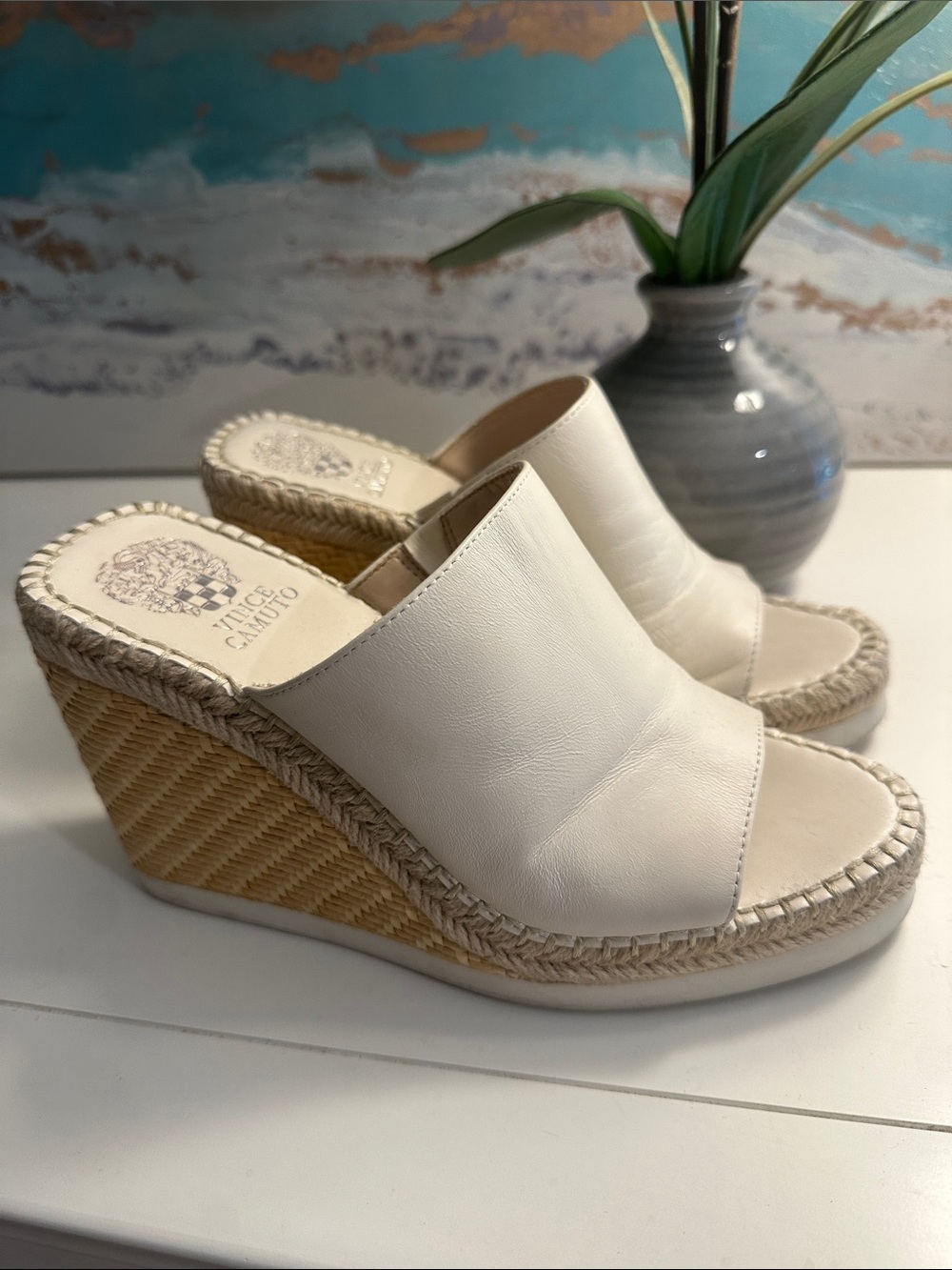 Vince Camuto Brissia Cream Leather Wedge Espadrille Mules